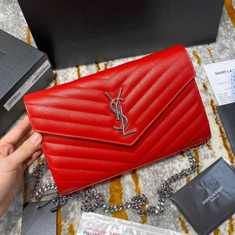 YSL/聖羅蘭MONOGRAM WOC信封鏈條斜挎單肩包 377828紅色銀扣 ￥1780.00的图片-高仿聖羅蘭包包ysl