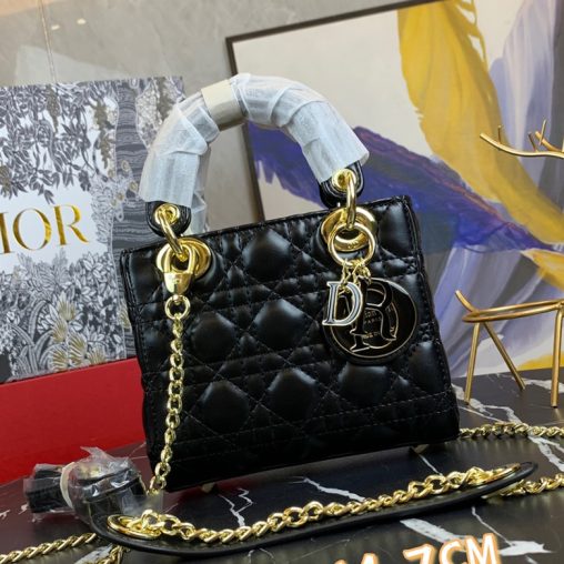 Dior/迪奧原版皮高品質琺瑯三格羊皮專櫃新Logo戴妃包黑色￥1480.00