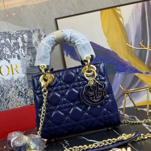 Dior/迪奧原版皮高品質琺瑯三格羊皮專櫃新Logo戴妃包藍色￥980.00