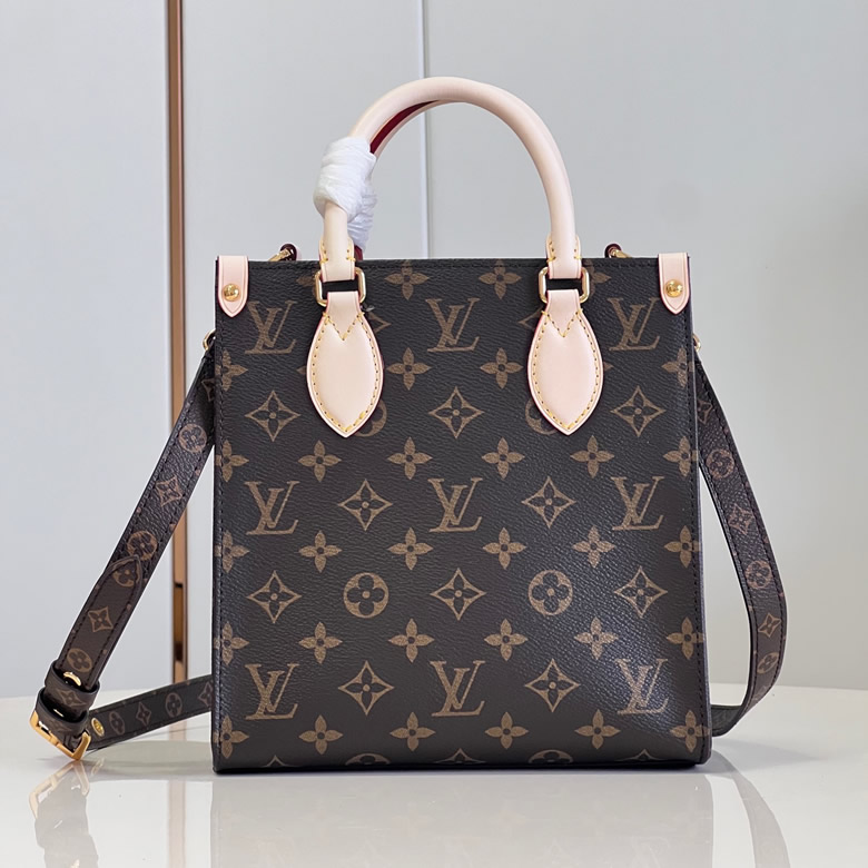 Louis Vuitton/路易威登 女士棕色帆佈老花/粉色小牛皮手柄飾邊可拆卸可調節肩帶斜挎扁平包M46265￥1480.00的图片-高仿LV包包、高仿lv女包