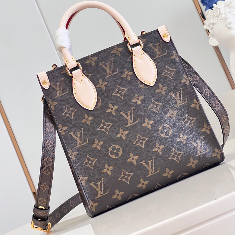 Louis Vuitton/路易威登 女士棕色帆佈老花/粉色小牛皮手柄飾邊可拆卸可調節肩帶斜挎扁平包M46265￥1480.00的图片-高仿LV包包、高仿lv女包