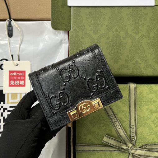 高仿古奇卡包零錢包女士GG皮革飾釘細節金色調配件676150黑色￥880.00
