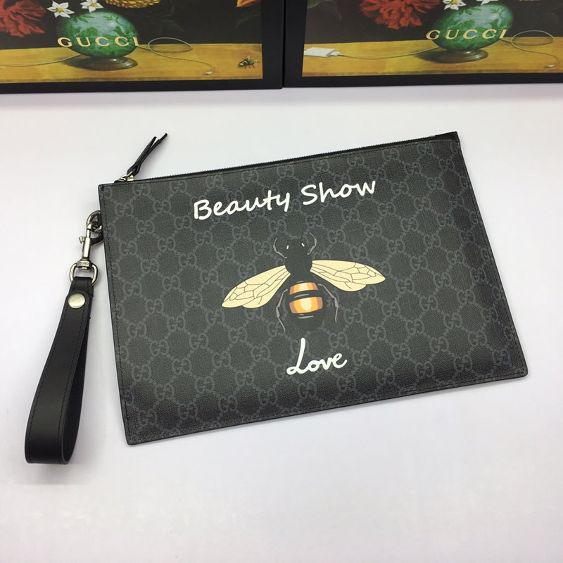 GUCCI/古馳蜜蜂印花GG Supreme人造帆佈中性款式手拿包473904黑色￥880.00的图片-高仿古奇包包Gucci、高仿古奇錢包Gucci