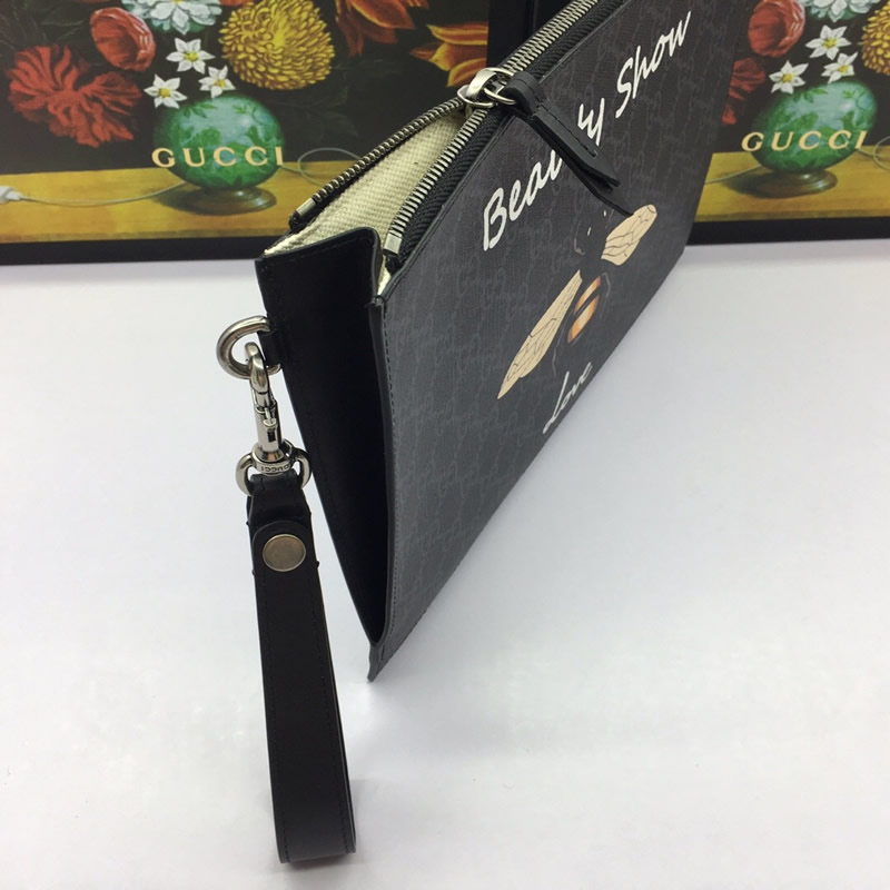 GUCCI/古馳蜜蜂印花GG Supreme人造帆佈中性款式手拿包473904黑色￥880.00的图片-高仿古奇包包Gucci、高仿古奇錢包Gucci