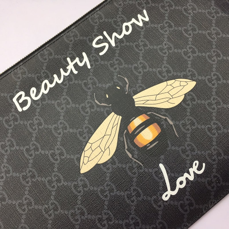 GUCCI/古馳蜜蜂印花GG Supreme人造帆佈中性款式手拿包473904黑色￥880.00的图片-高仿古奇包包Gucci、高仿古奇錢包Gucci