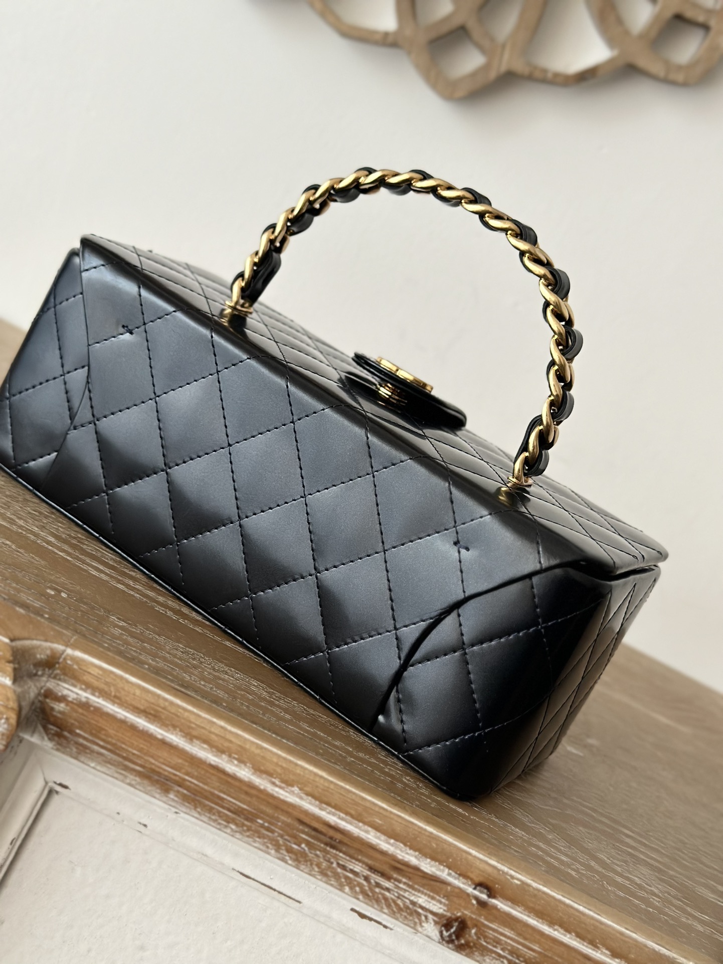 頂級高仿包香奈兒中古款 化妝包漆皮 深灰色的图片-高仿香奈兒包包Chanel