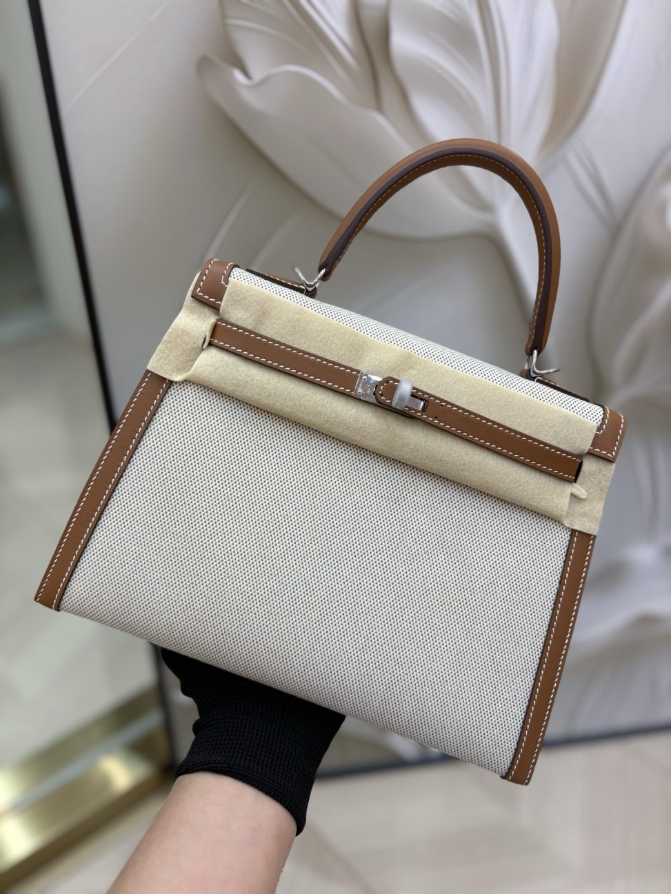 帆布凱莉包 25cm 原廠進口Swift皮拼帆布【金棕】銀扣愛馬仕原單包包