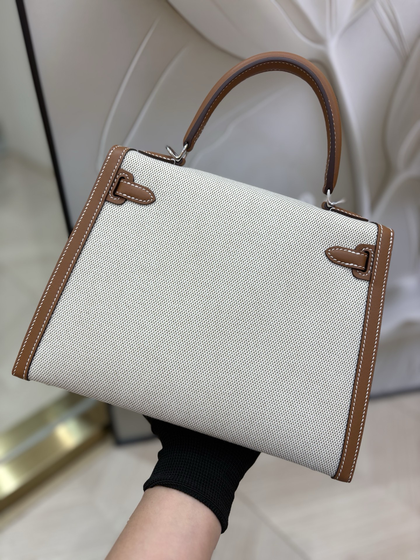 帆布凱莉包 25cm 原廠進口Swift皮拼帆布【金棕】銀扣愛馬仕原單包包的图片-高仿LV包包、高仿lv女包