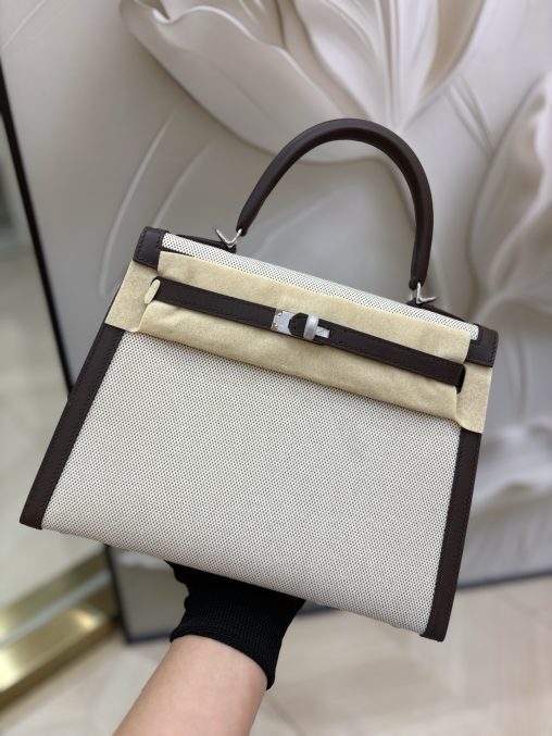 帆布凱莉包 25cm 原廠進口Swift皮拼帆布【摩卡棕】銀扣愛馬仕原單包包