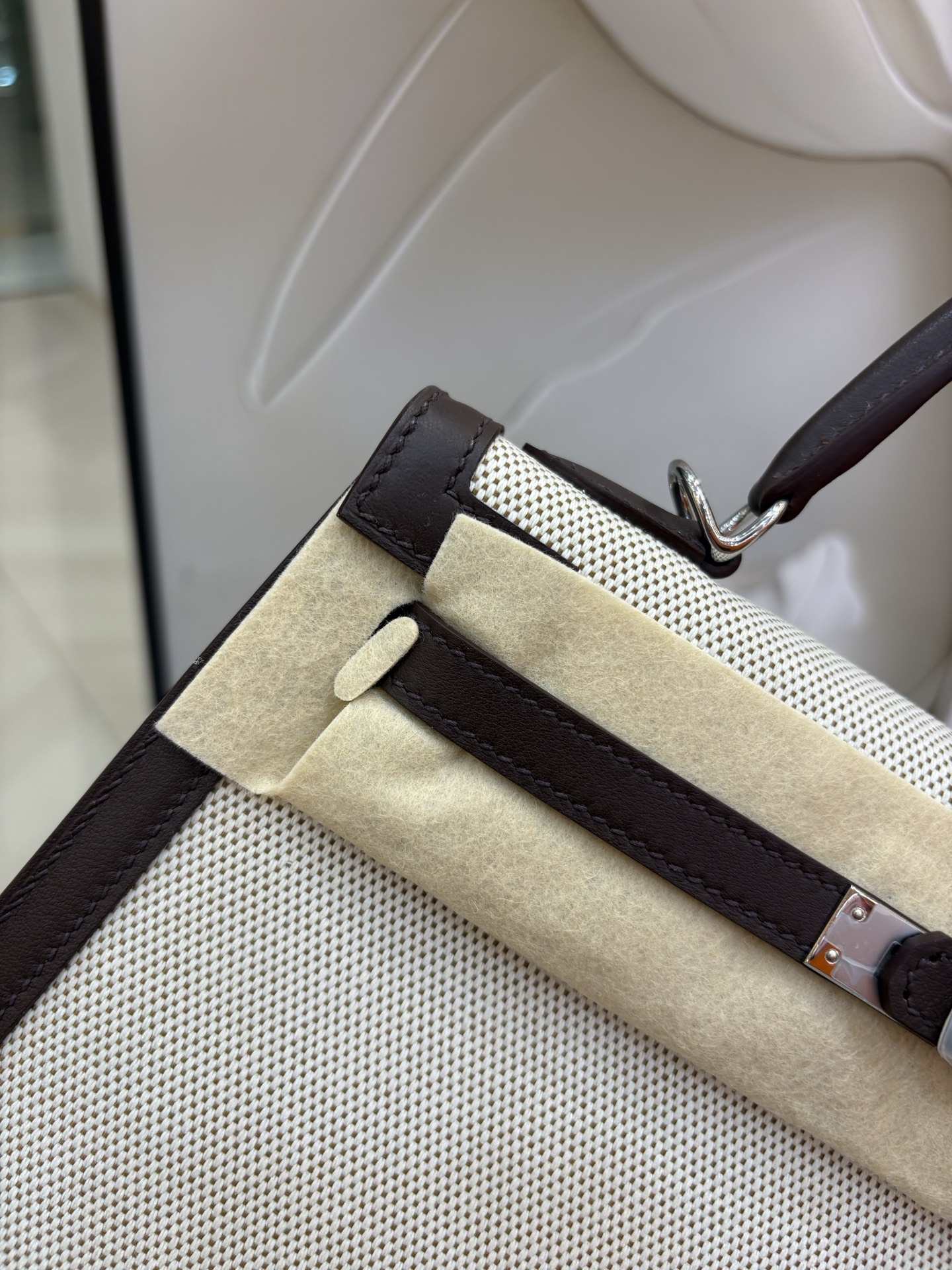 帆布凱莉包 25cm 原廠進口Swift皮拼帆布【摩卡棕】銀扣愛馬仕原單包包的图片-高仿LV包包、高仿lv女包