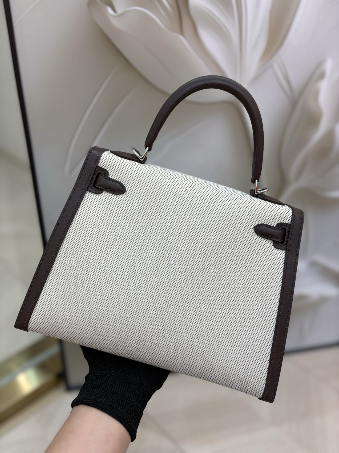 帆布凱莉包 25cm 原廠進口Swift皮拼帆布【摩卡棕】銀扣愛馬仕原單包包的图片-高仿LV包包、高仿lv女包