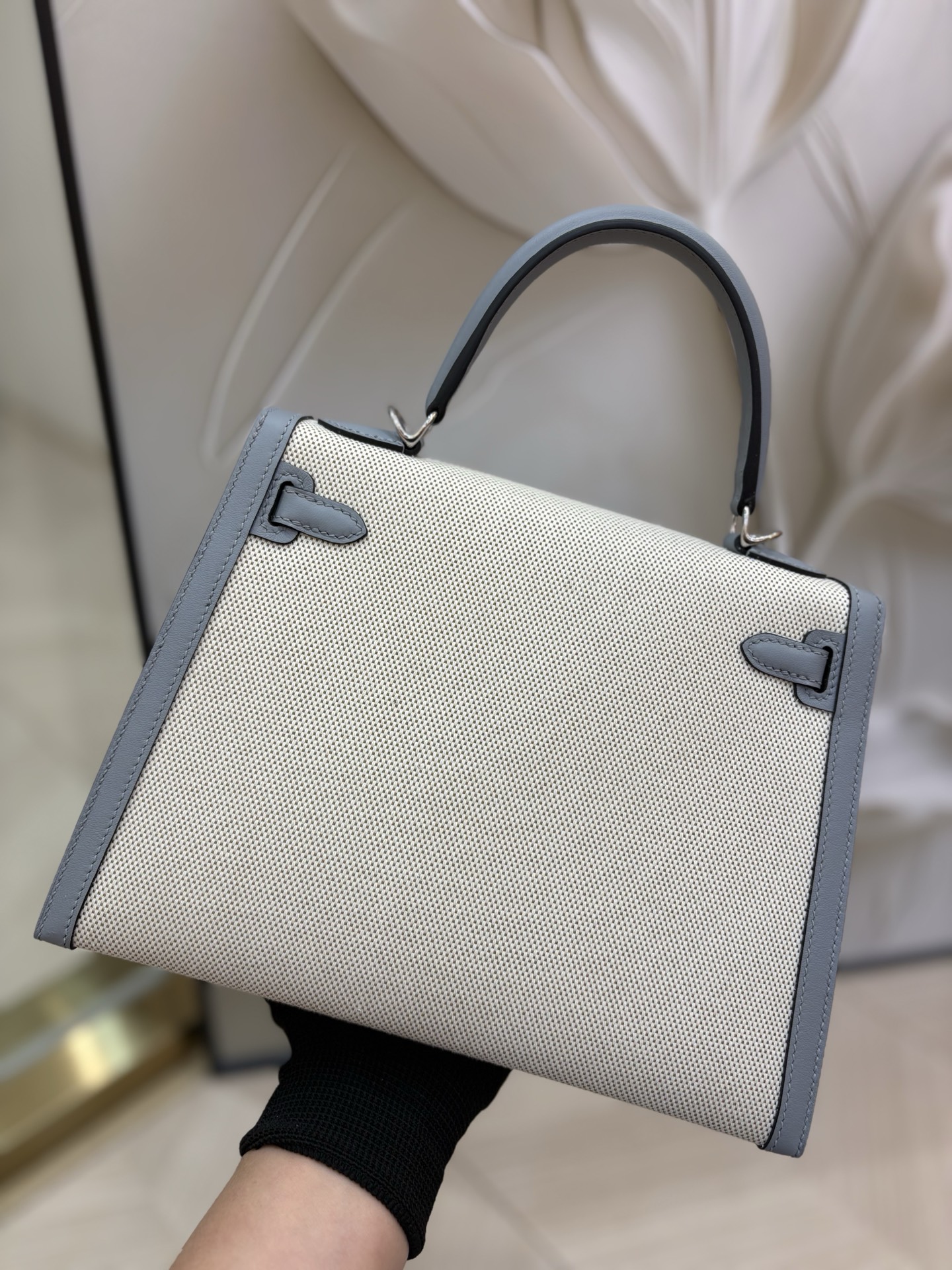 愛馬仕帆布凱莉原單包 25cm 原廠進口Swift皮拼帆布【冰川藍】銀扣的图片-高仿LV包包、高仿lv女包