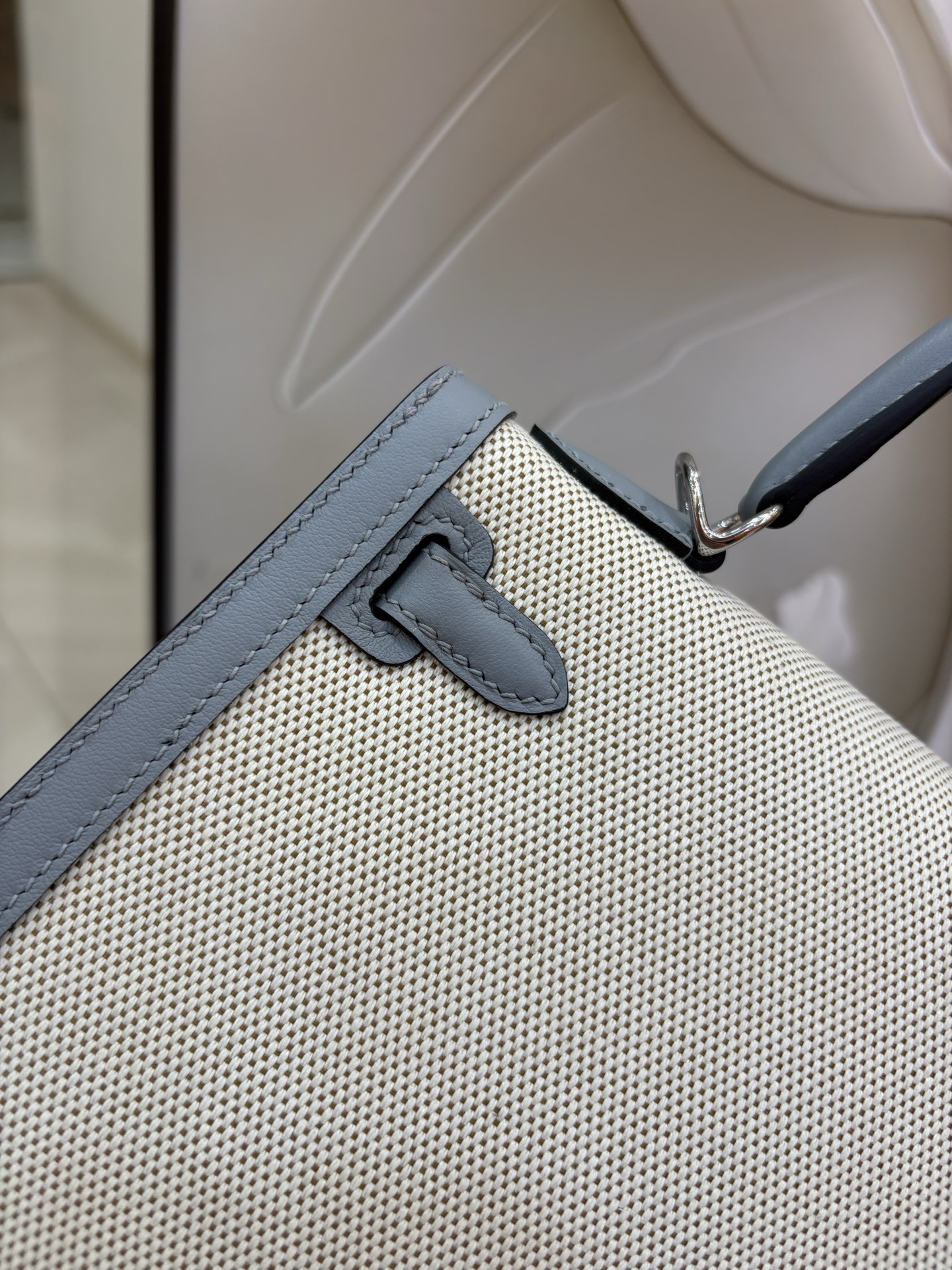 愛馬仕帆布凱莉原單包 25cm 原廠進口Swift皮拼帆布【冰川藍】銀扣的图片-高仿LV包包、高仿lv女包