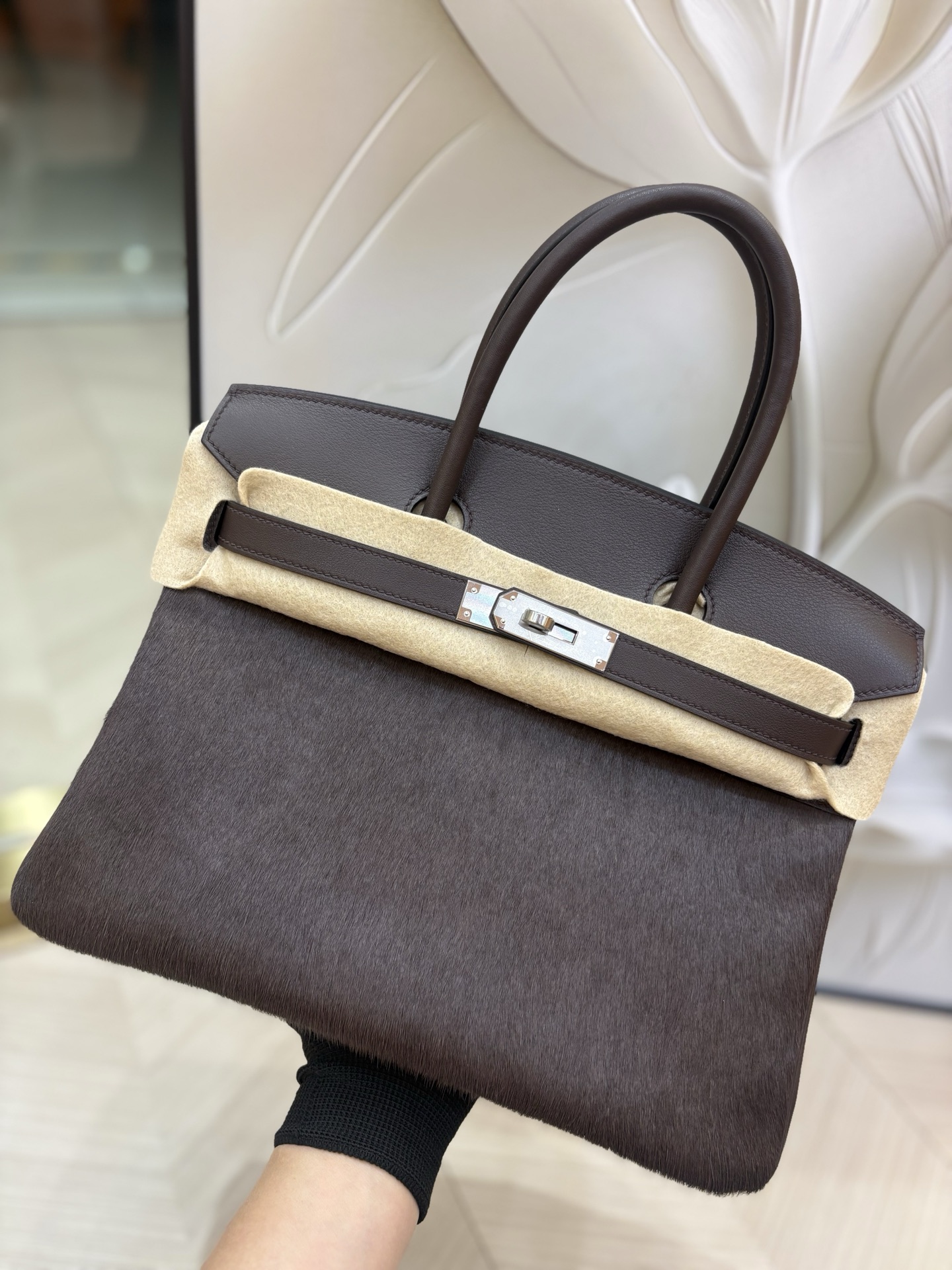 愛馬仕原單包包原廠進口Swift皮拼馬毛【烏木色】金銀扣 手工釘的图片-高仿愛馬仕包包Hermes、高仿愛馬仕女包Hermes