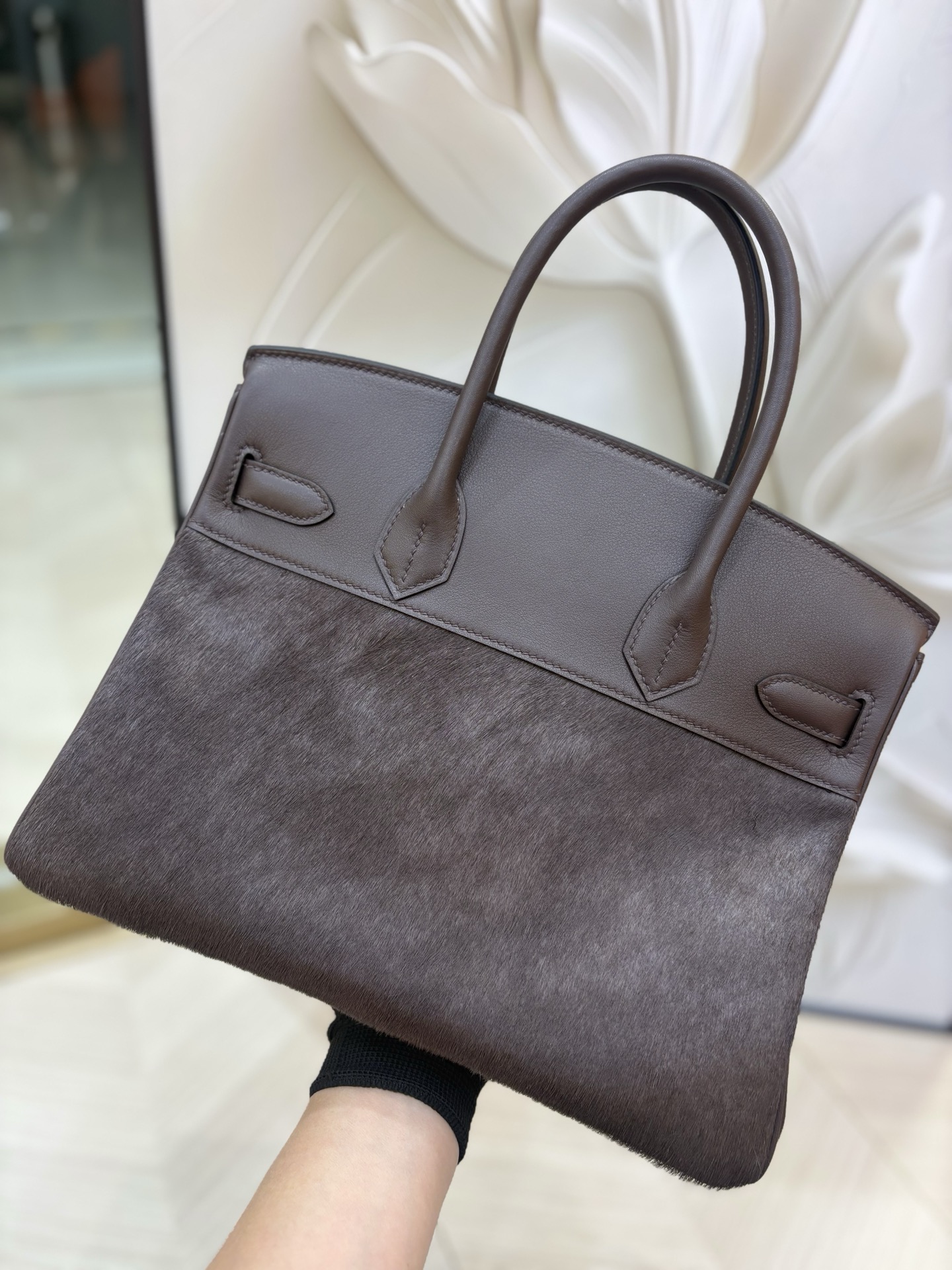 愛馬仕原單包包原廠進口Swift皮拼馬毛【烏木色】金銀扣 手工釘的图片-高仿愛馬仕包包Hermes、高仿愛馬仕女包Hermes