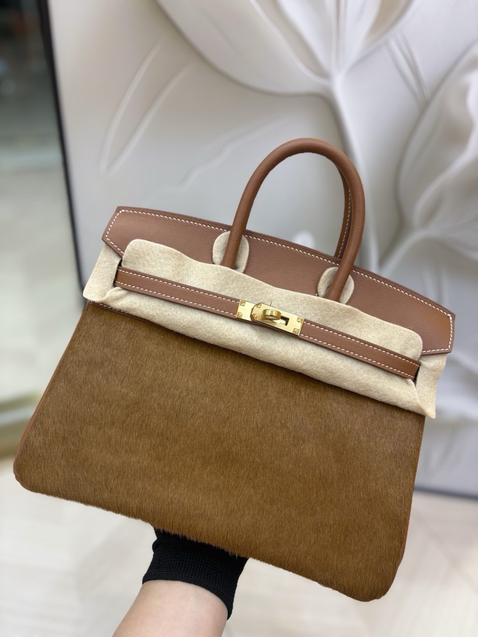 原廠進口Swift皮拼馬毛【金棕】金銀扣 手工釘愛馬仕精仿包