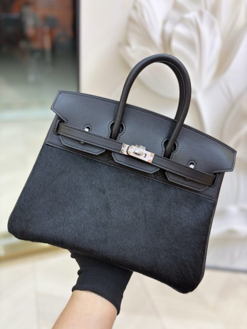 愛馬仕原單包包Birkin 鉑金 25/30cm 原廠進口Swift皮拼馬毛【黑色】金銀扣