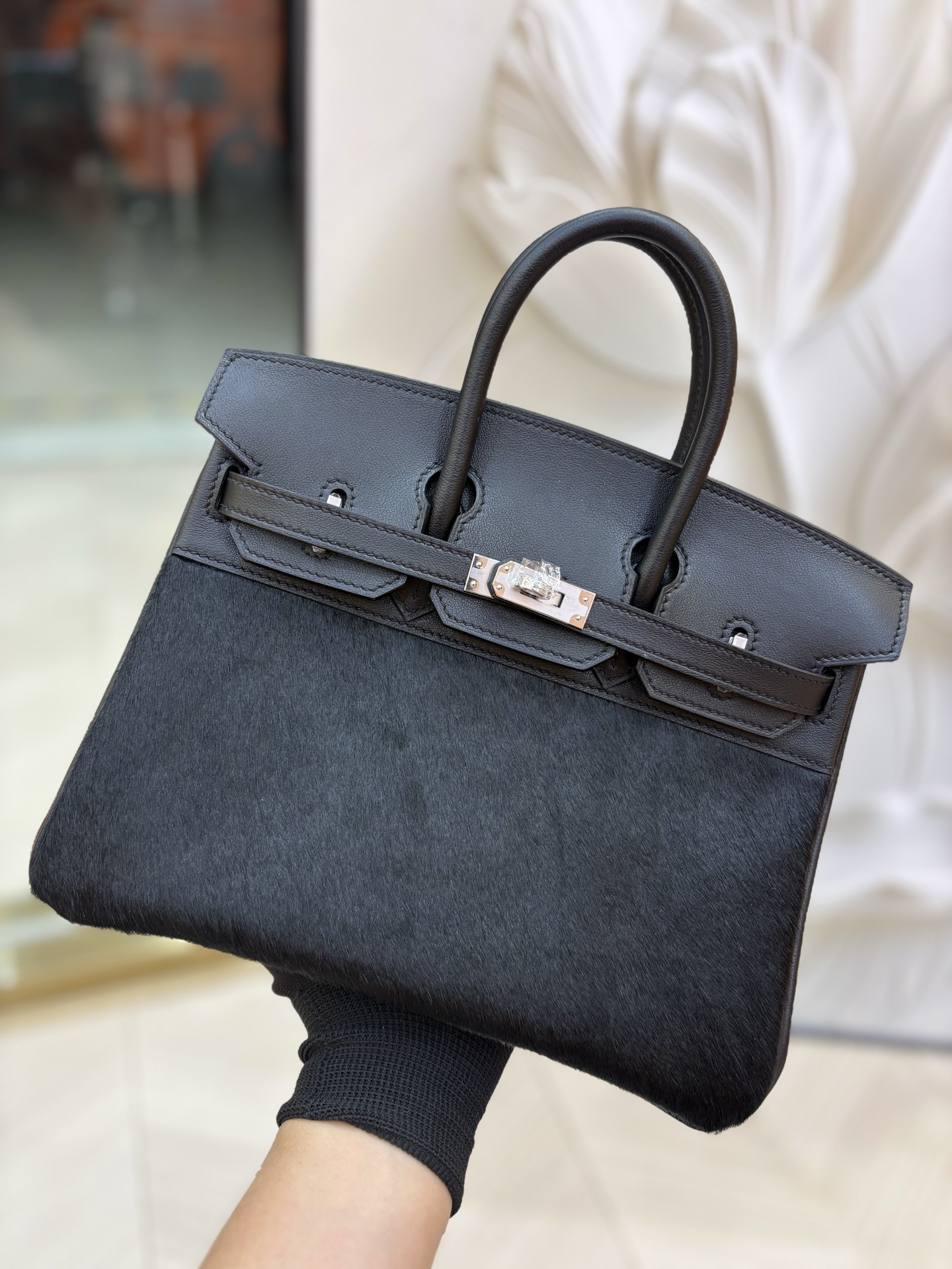 愛馬仕原單包包Birkin 鉑金 25/30cm 原廠進口Swift皮拼馬毛【黑色】金銀扣的图片-高仿愛馬仕包包Hermes、高仿愛馬仕女包Hermes