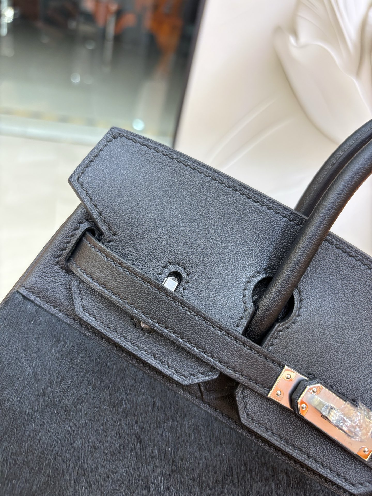 愛馬仕原單包包Birkin 鉑金 25/30cm 原廠進口Swift皮拼馬毛【黑色】金銀扣的图片-高仿愛馬仕包包Hermes、高仿愛馬仕女包Hermes