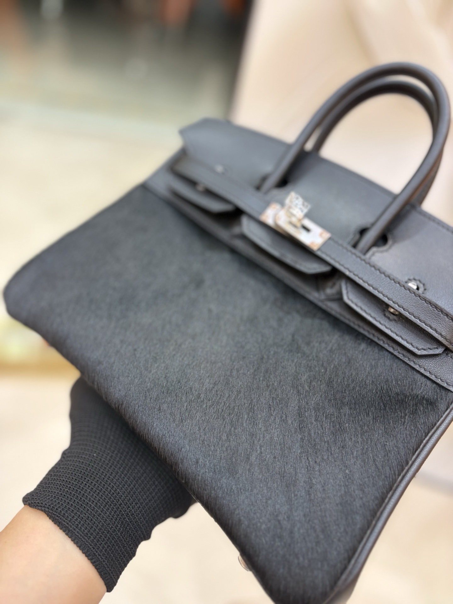 愛馬仕原單包包Birkin 鉑金 25/30cm 原廠進口Swift皮拼馬毛【黑色】金銀扣的图片-高仿愛馬仕包包Hermes、高仿愛馬仕女包Hermes