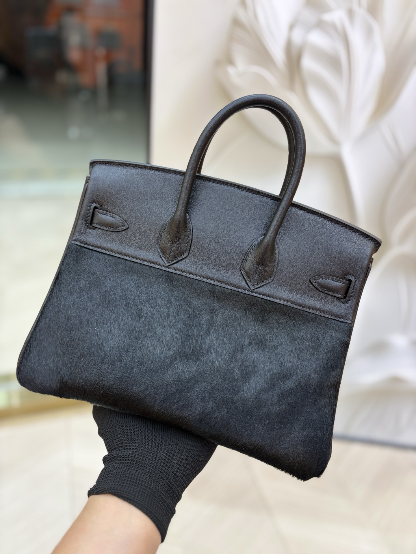 愛馬仕原單包包Birkin 鉑金 25/30cm 原廠進口Swift皮拼馬毛【黑色】金銀扣的图片-高仿愛馬仕包包Hermes、高仿愛馬仕女包Hermes