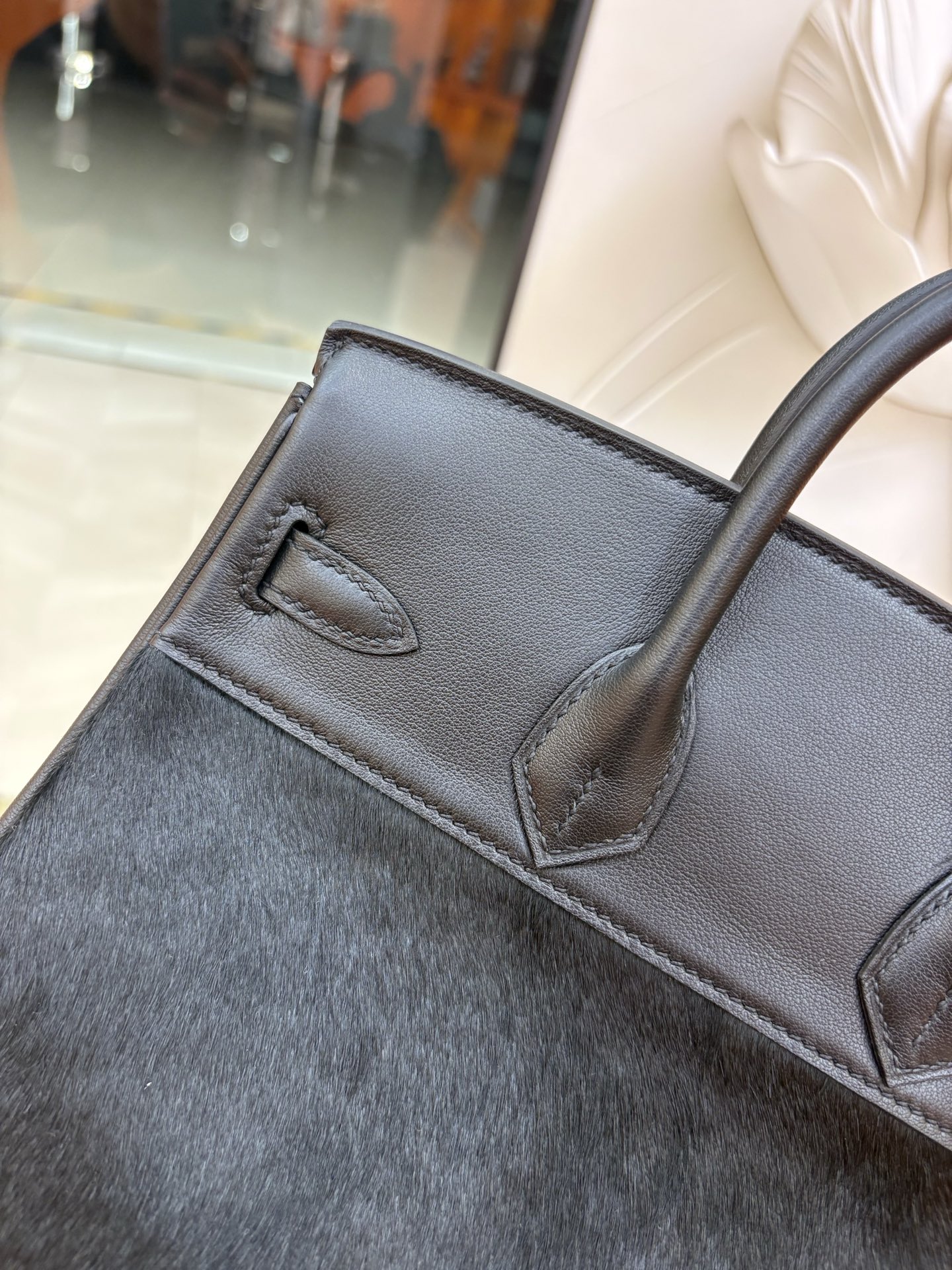 愛馬仕原單包包Birkin 鉑金 25/30cm 原廠進口Swift皮拼馬毛【黑色】金銀扣的图片-高仿愛馬仕包包Hermes、高仿愛馬仕女包Hermes