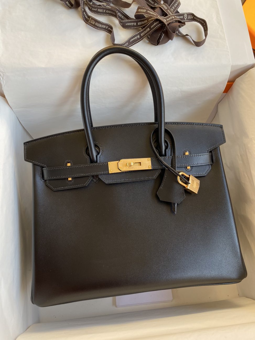 Birkin 鉑金頂級高仿包愛馬仕 30cm 原廠進口亮面Box皮【黑色】金扣