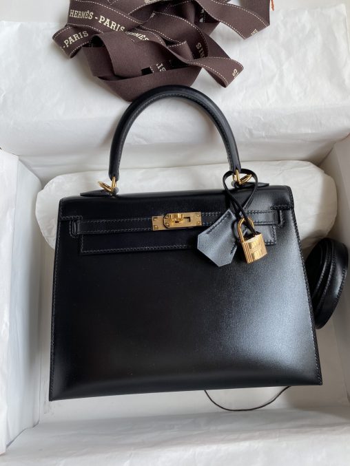 愛馬仕Kelly 凱莉 25cm 原廠進口亮面Box皮【黑色】金扣高仿包包