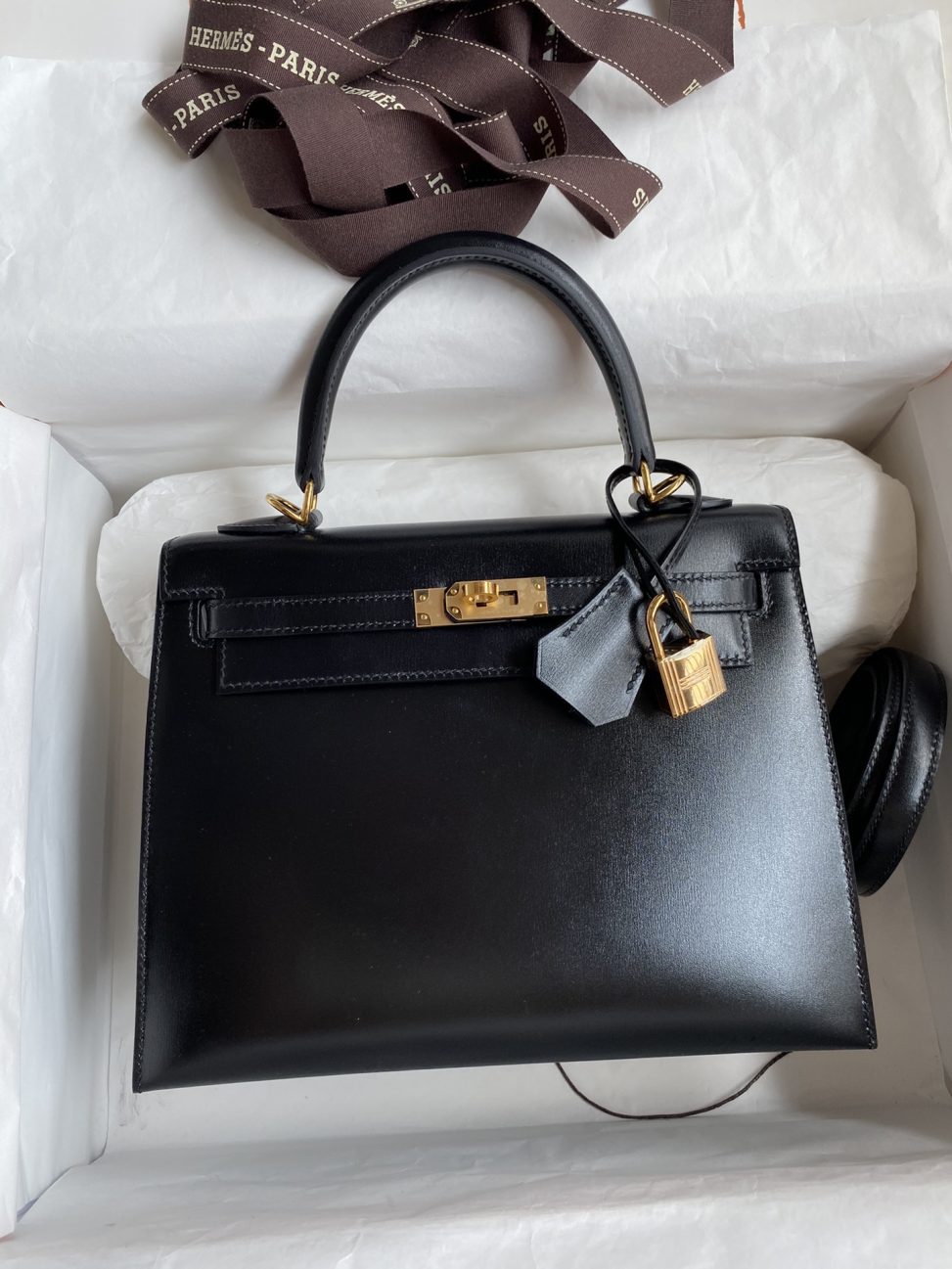 愛馬仕Kelly 凱莉 25cm 原廠進口亮面Box皮【黑色】金扣高仿包包