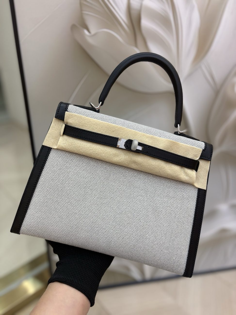 愛馬仕Kelly 帆布凱莉包 25cm 原廠進口Swift皮拼帆布【熊貓色】銀扣頂級高仿包包