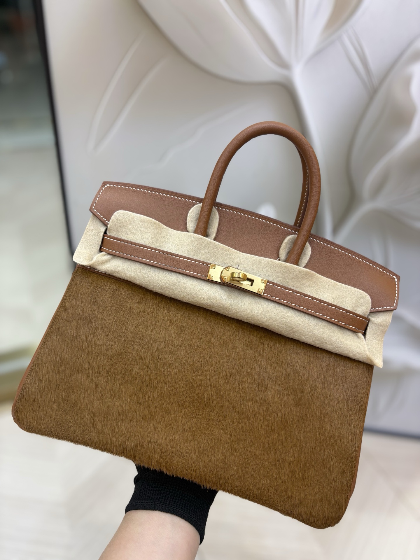 Birkin 鉑金 原廠進口Swift皮拼馬毛【金棕】金銀扣愛馬仕一比一高仿包包的图片-高仿愛馬仕包包Hermes、高仿愛馬仕女包Hermes