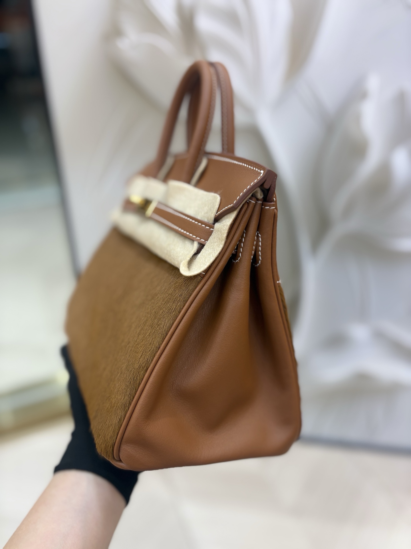 Birkin 鉑金 原廠進口Swift皮拼馬毛【金棕】金銀扣愛馬仕一比一高仿包包的图片-高仿愛馬仕包包Hermes、高仿愛馬仕女包Hermes