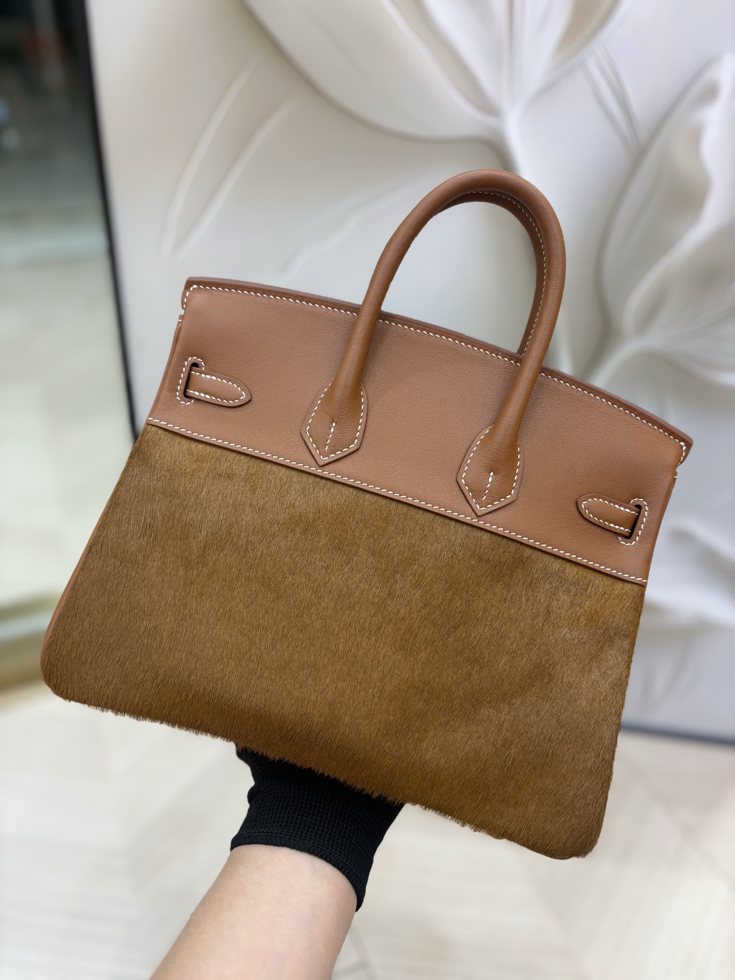 Birkin 鉑金 原廠進口Swift皮拼馬毛【金棕】金銀扣愛馬仕一比一高仿包包的图片-高仿愛馬仕包包Hermes、高仿愛馬仕女包Hermes